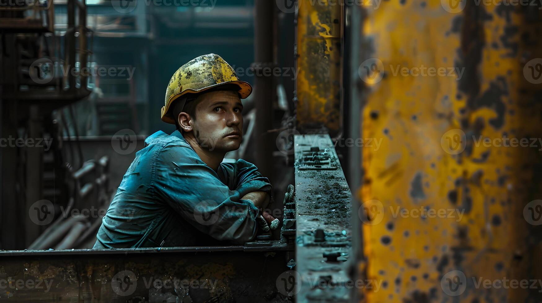 AI generated Portrait of a working man in a uniform and a hard hat. AI Generated photo