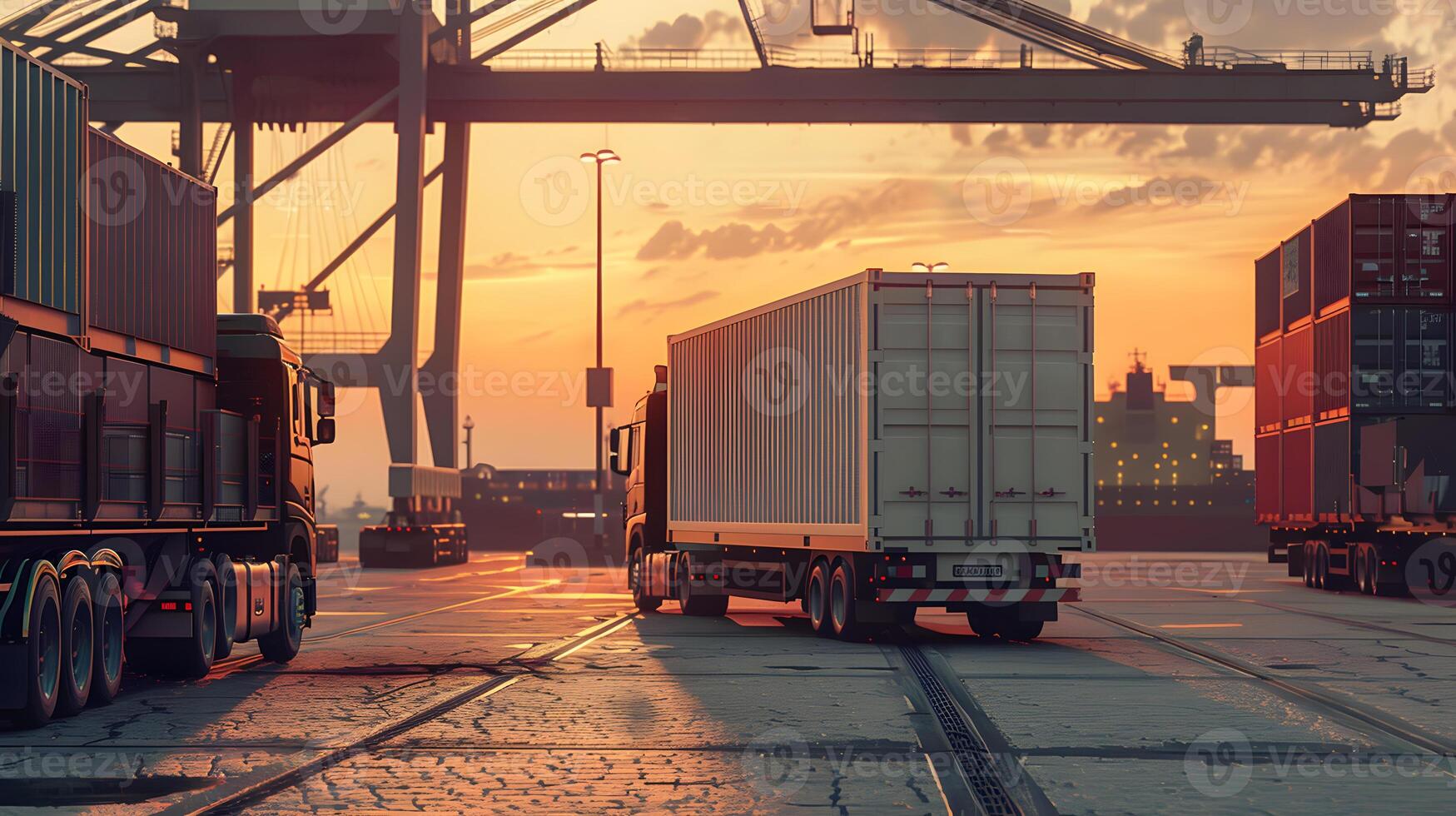 AI generated Truck trailer on the pier in the cargo port terminal with cranes and containers. AI Generated photo