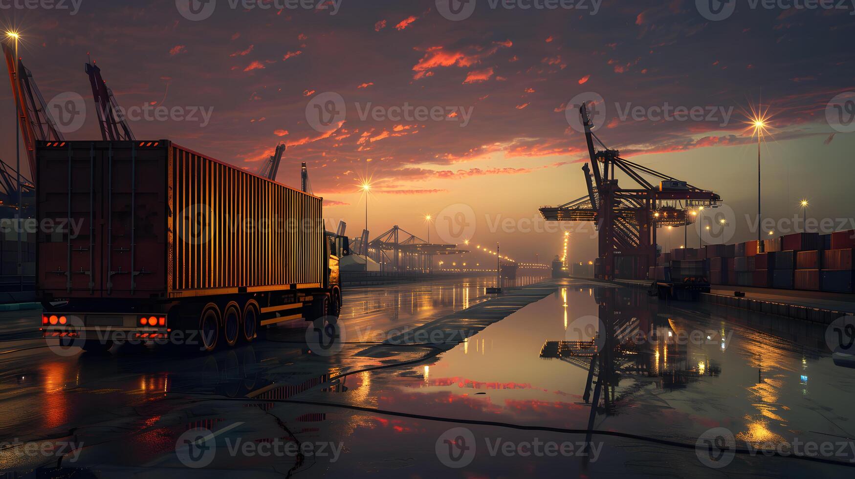 AI generated Truck trailer on the pier in the cargo port terminal with cranes and containers. AI Generated photo