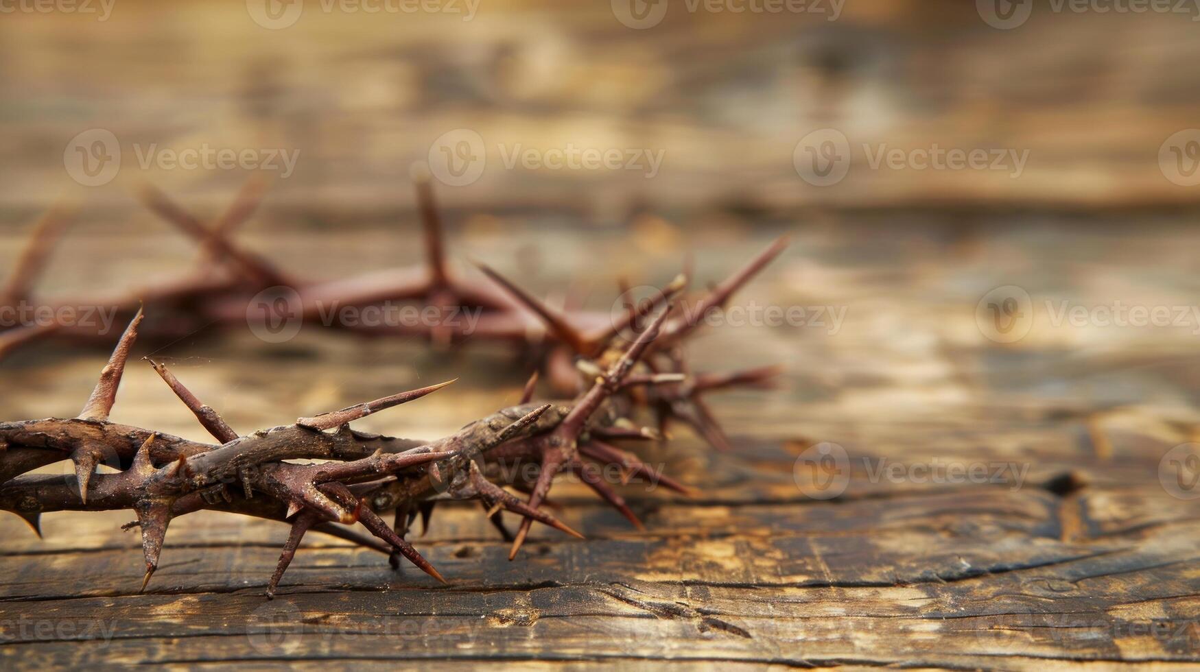 AI generated Christian crown of thorns with metal nails on a wooden desk, copyspace. Generative AI photo