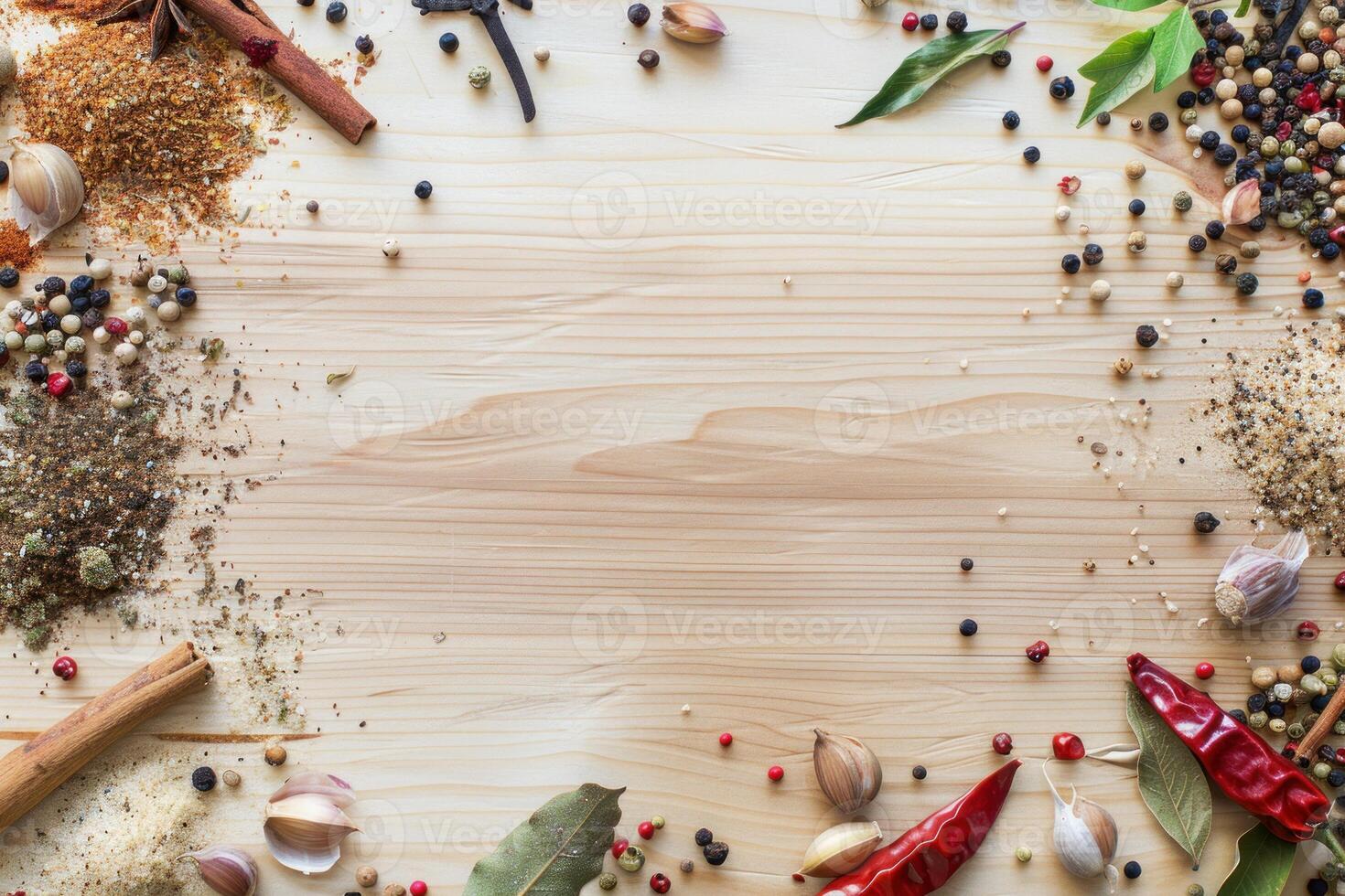 AI generated Light wooden surface with spices, copy space. Generative AI photo