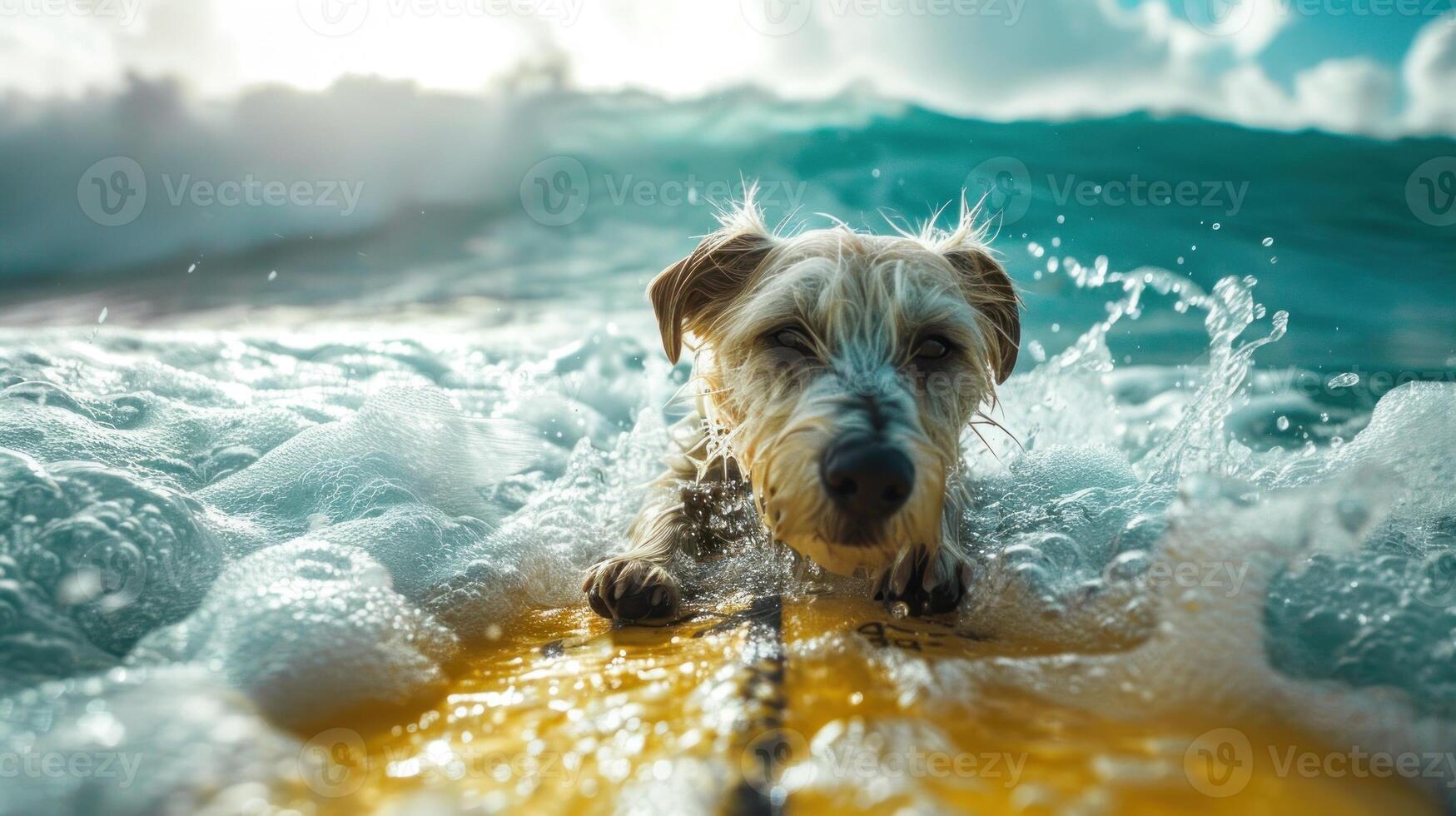 AI generated Happy dog surfing, concept of summer activities at sea, vacation. Generative AI photo