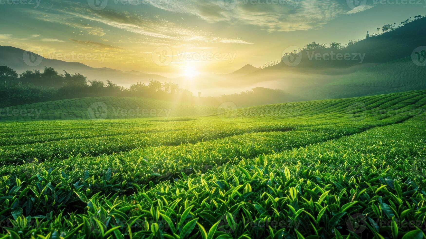 AI generated Serene green tea fields at sunrise, misty mountains in the background. Generative AI photo