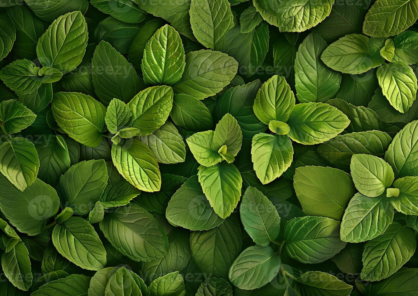 AI generated The natural pattern of mint leaves background. Close up view. Young spring leaves of the plant in park with natural light sunset. photo