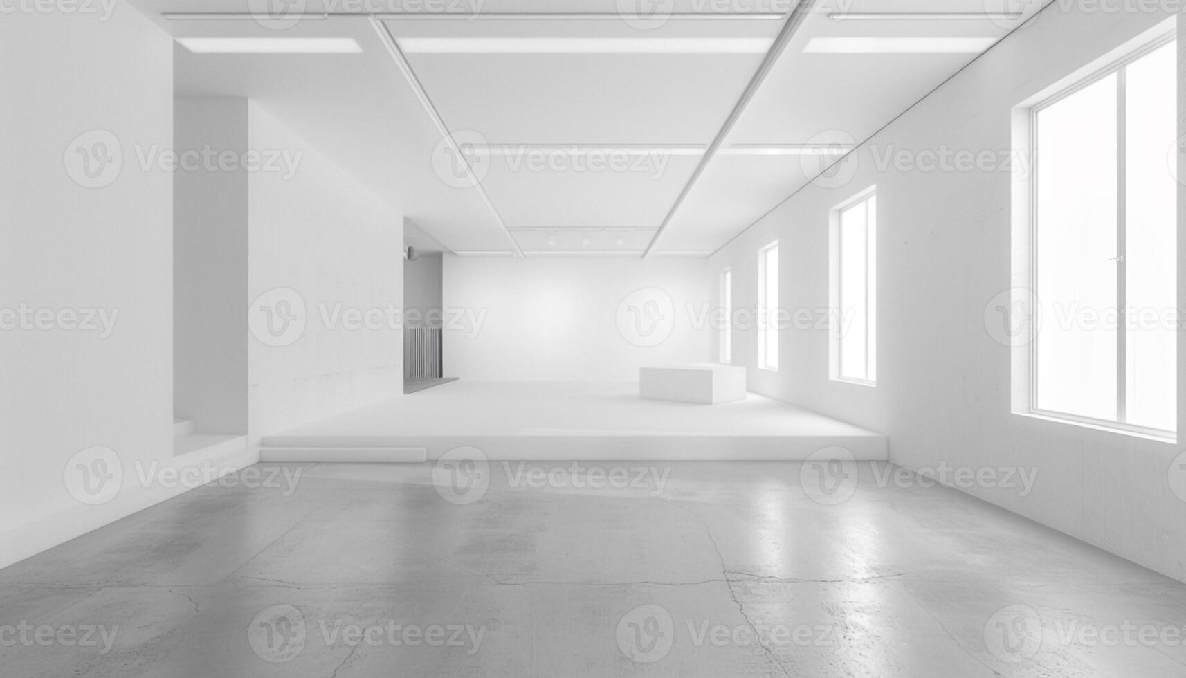 AI generated Empty room with sunlight shining, large window. White gradient soft light background of studio for artwork design. photo
