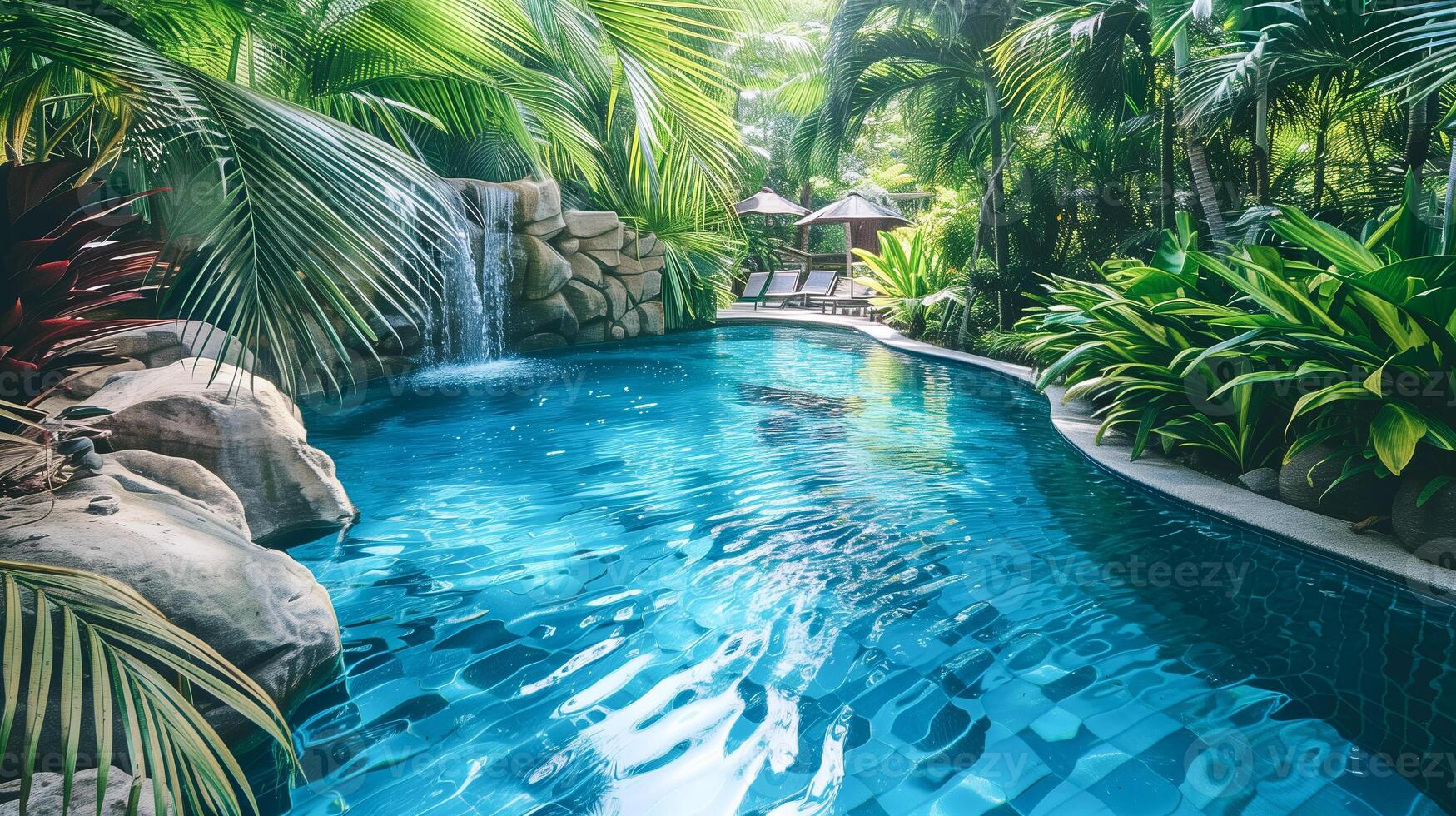 AI generated Secluded pool oasis with waterfall, surrounded by lush tropical foliage for serene summer backgrounds. photo