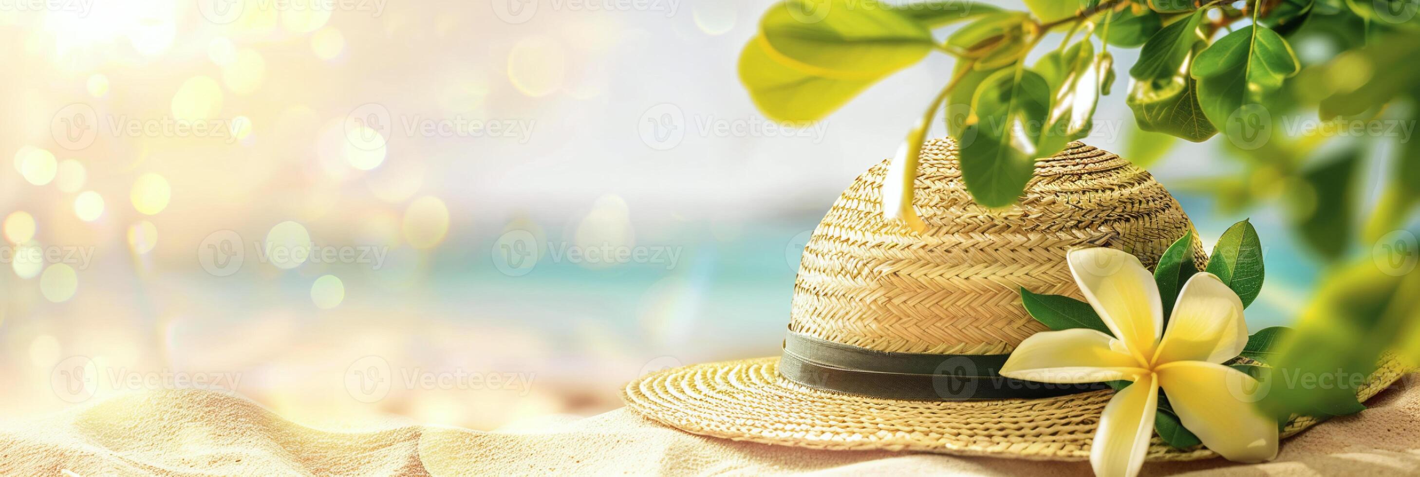 AI generated Banner Sunlit summer beach setting with a straw hat and tropical flowers, ideal for relaxed vacation and travel marketing photo