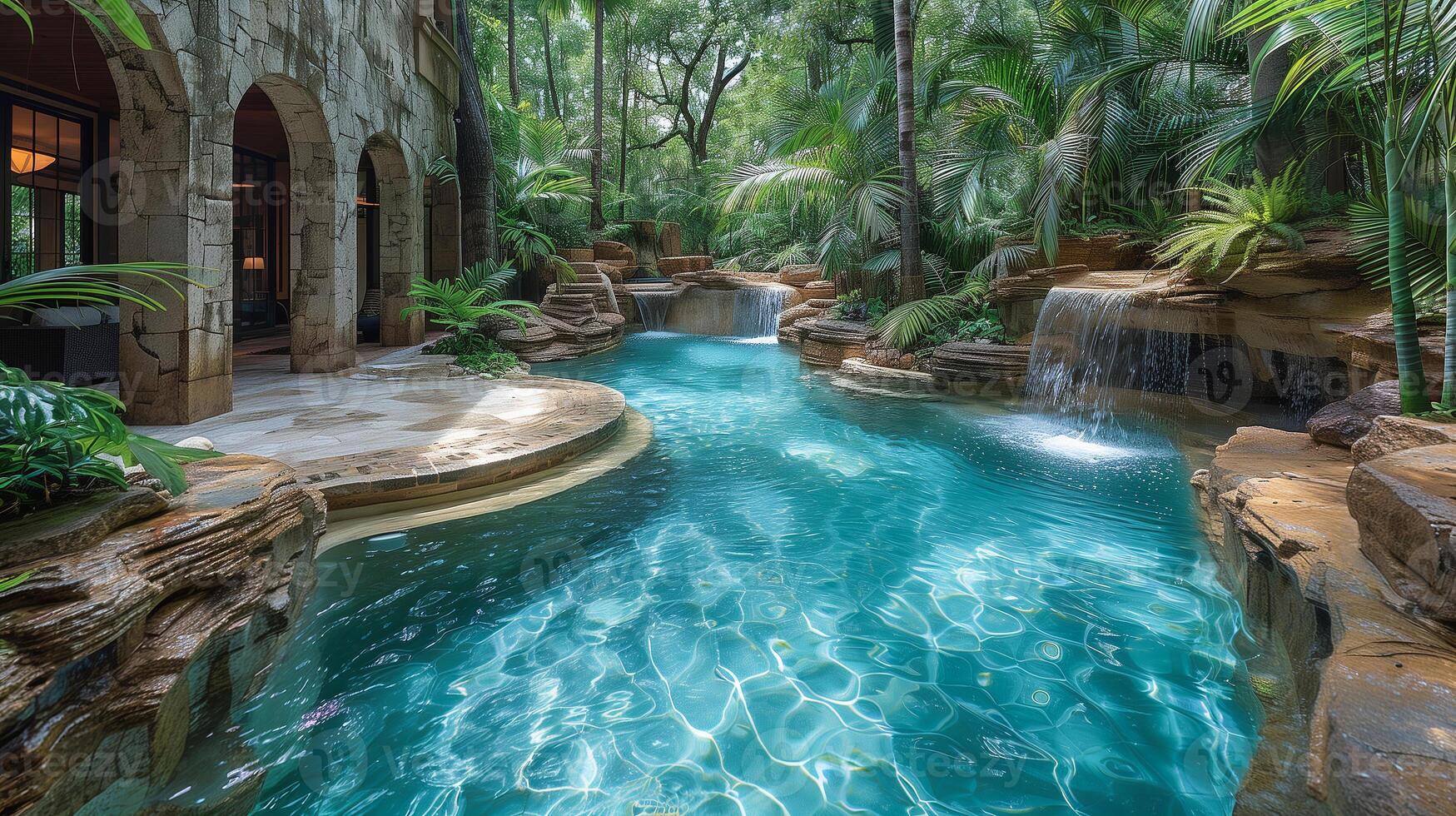 AI generated Tropical resort pool with waterfall and lush greenery for serene summer background in luxury travel or spa retreat promotions. photo