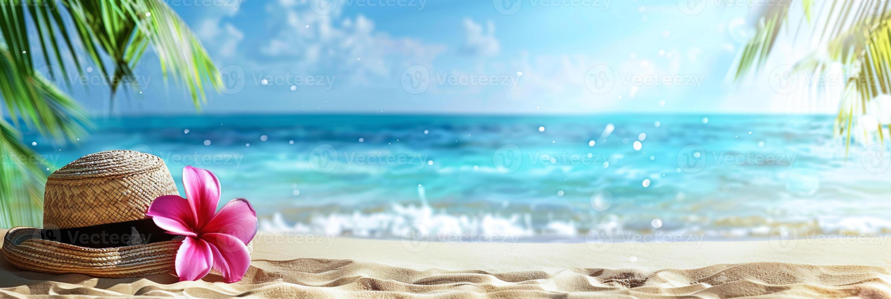 AI generated Banner summer beach background with vibrant blue sea, palm leaves, sparkling sunlight, and straw hat with pink flower, perfect for vacation, travel, or tropical designs photo