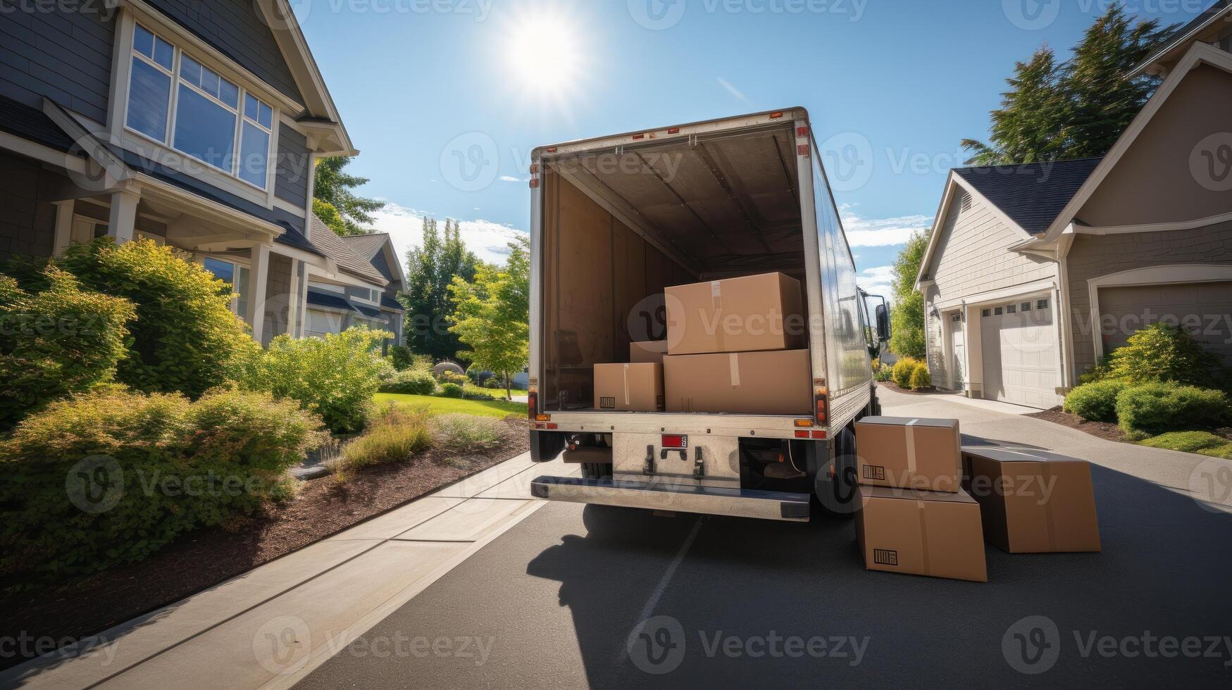 AI generated A truck is parked on the side of a street with boxes on the back. Generative AI photo