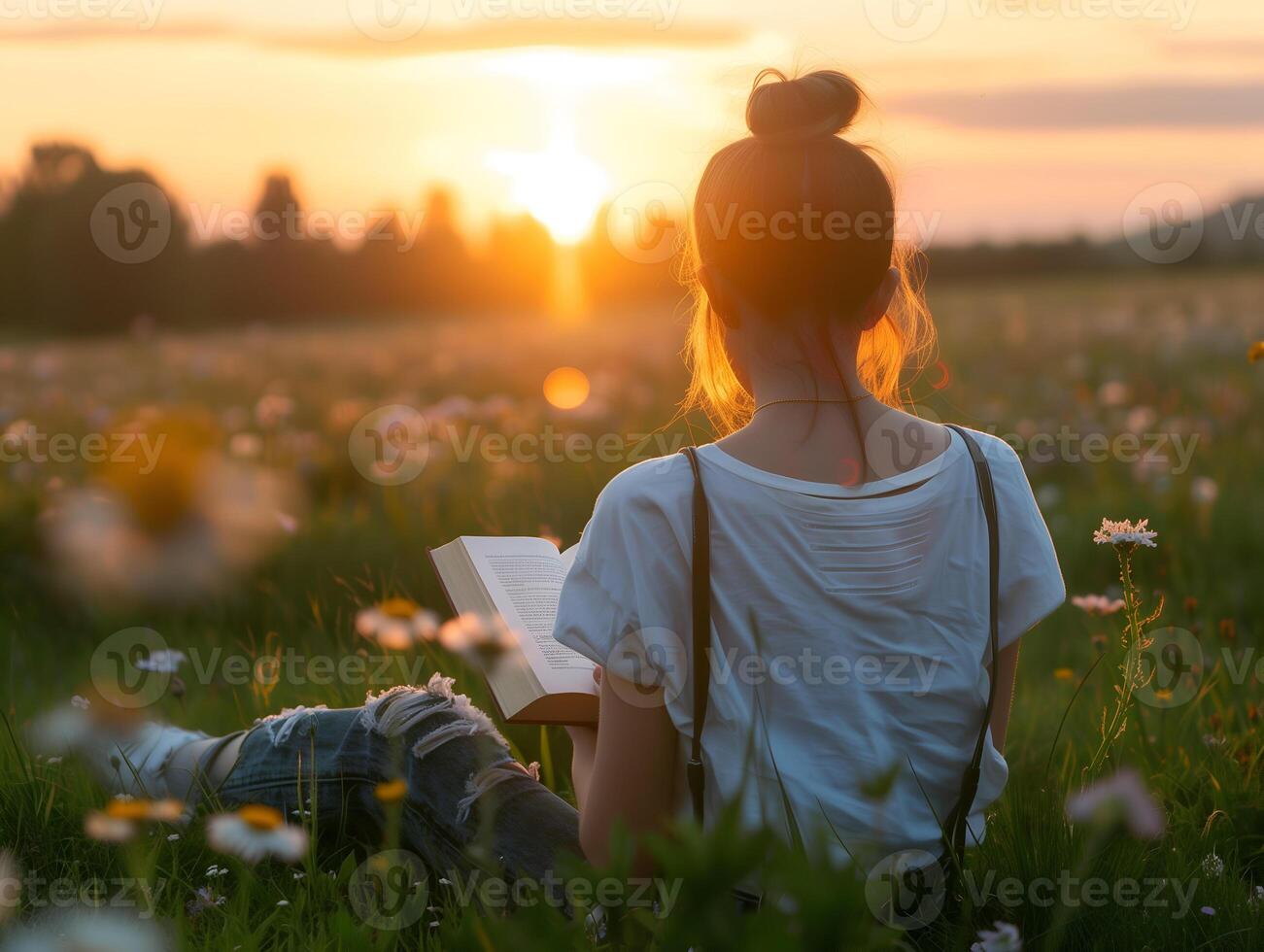 AI generated Beautiful Caucasian girl reading a book in the meadow. photo