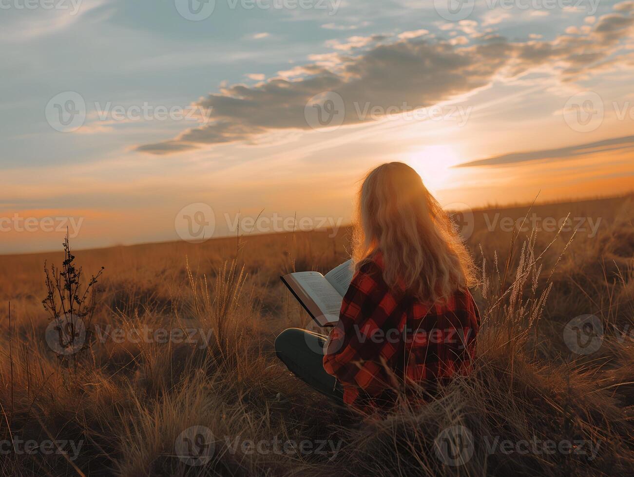 AI generated Beautiful Caucasian girl reading a book in the meadow. photo