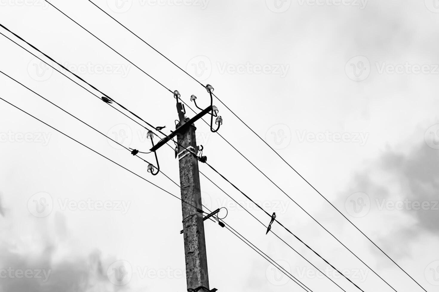 Power electric pole with line wire on light background close up photo