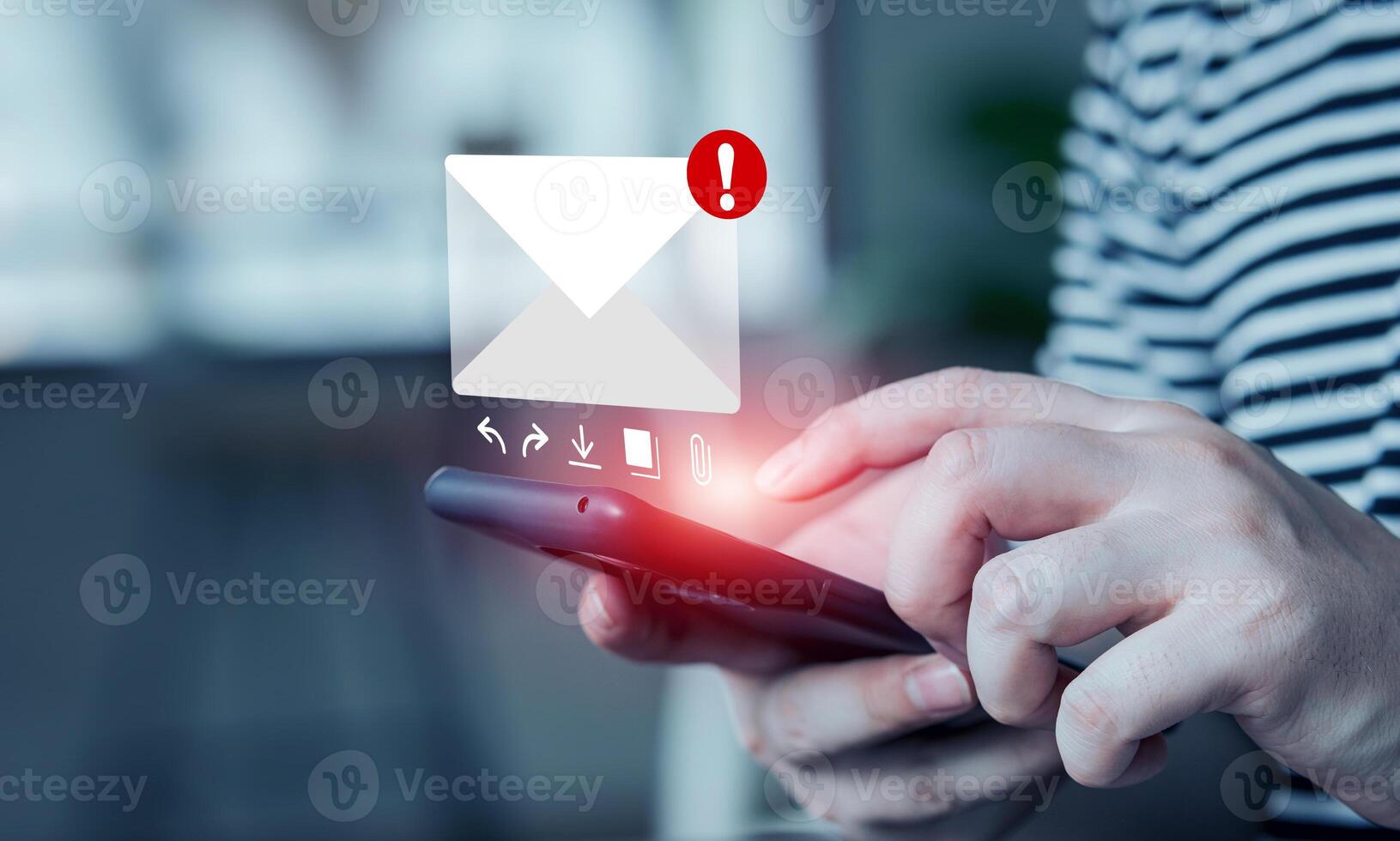 Electronic mail concept. man presses on his smartphone to check electronic mail. Internet messages and online communication, technology, networks photo