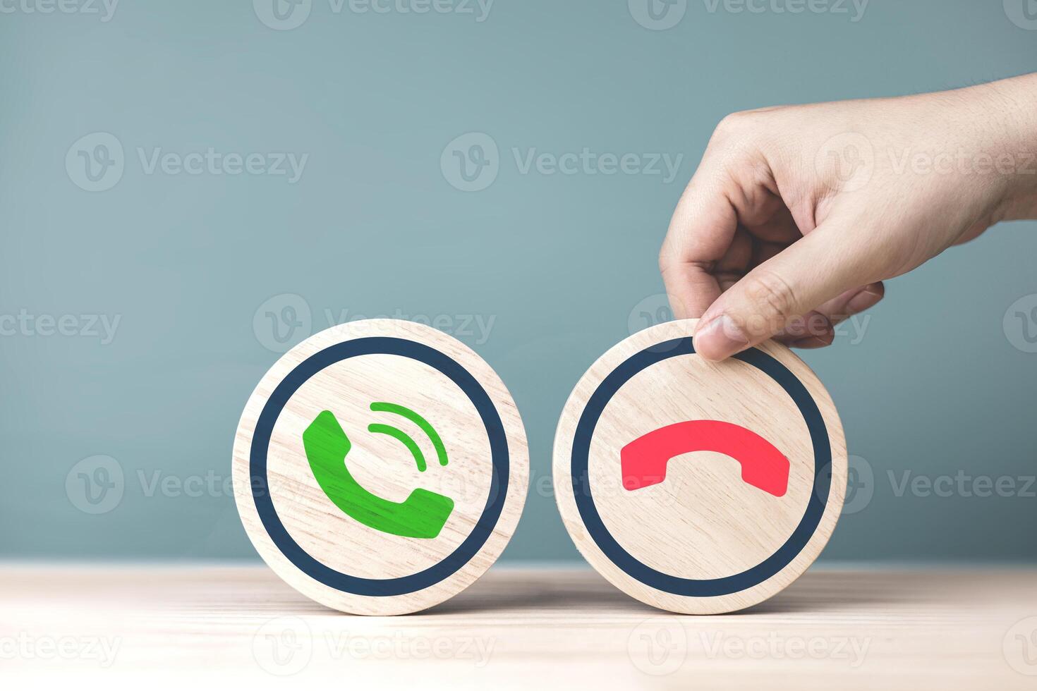 Incoming call telephone icon on circle of wood. Fraudsters steal personal information via telephone conversations, marketing to sell promotions on mobile phones photo