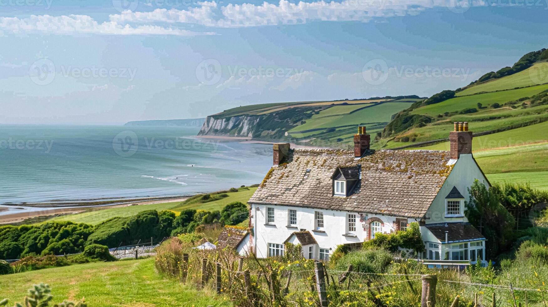 AI generated White coastal cottage in the English countryside style by the seaside photo