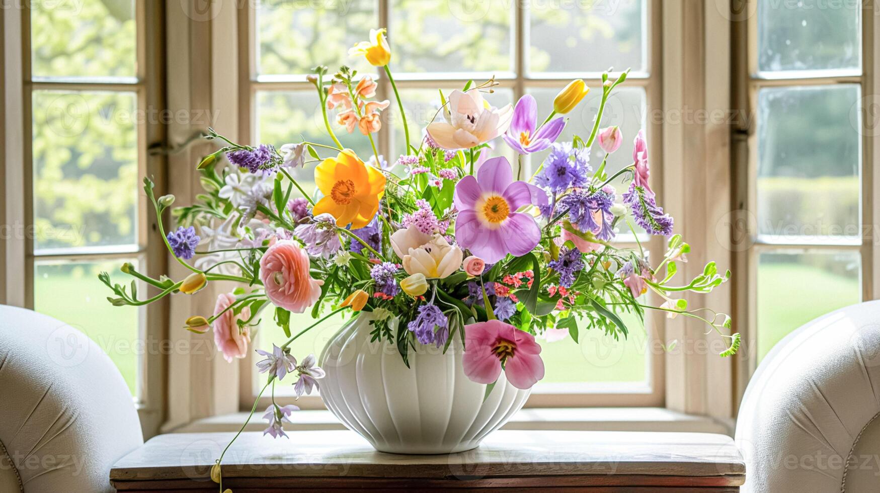 AI generated Spring flowers in vintage vase, beautiful floral arrangement, home decor, wedding and florist design photo