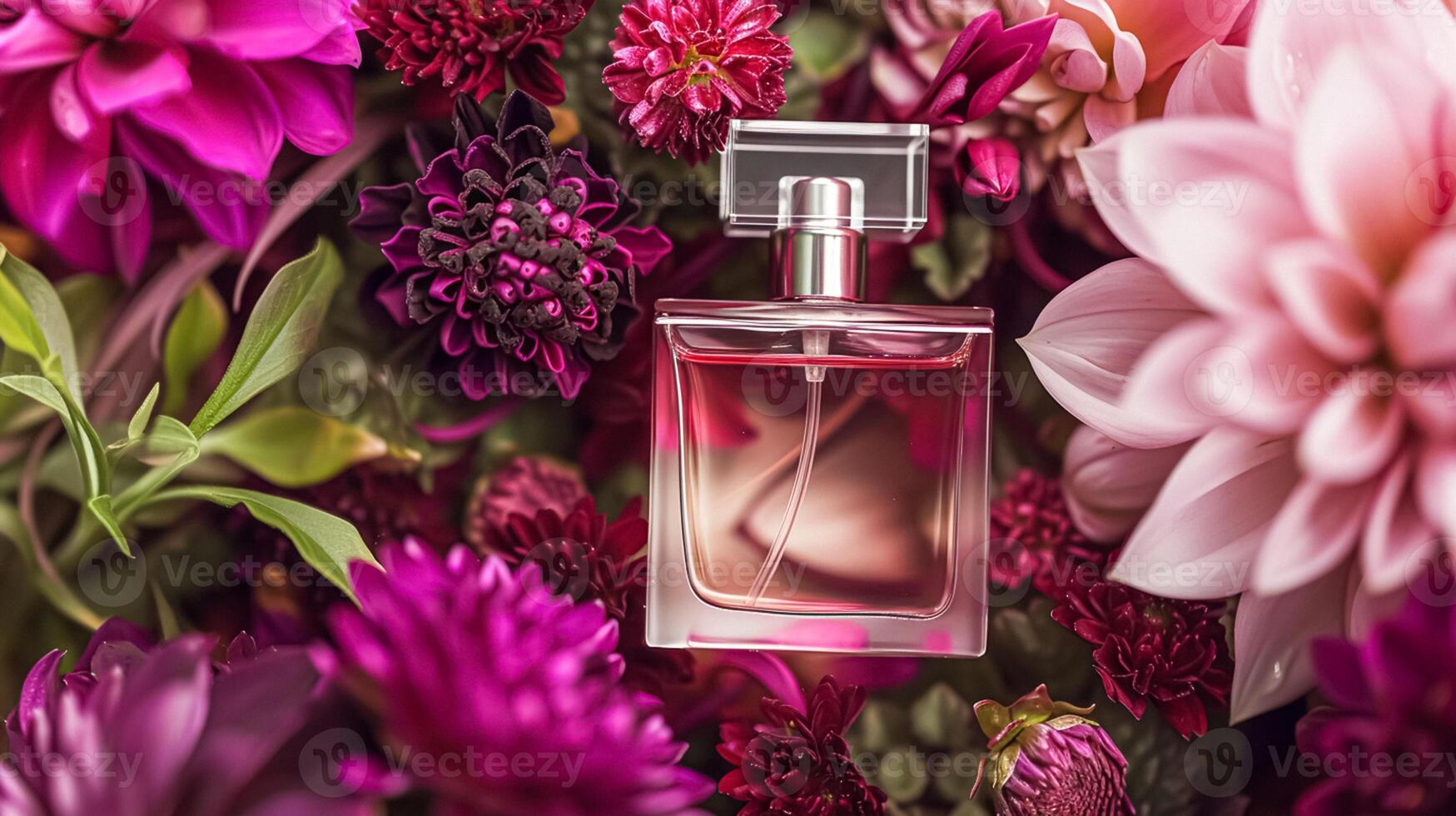 AI generated Perfume bottle in flowers, fragrance on blooming background, floral scent and cosmetic product photo