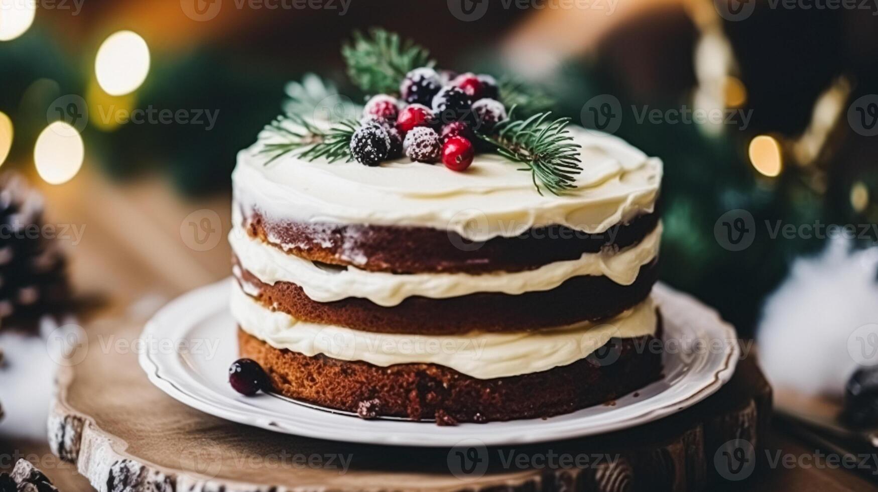 AI generated Christmas cake, holiday recipe and home baking, pudding with creamy icing for cosy winter holidays tea in the English country cottage, homemade food and cooking photo