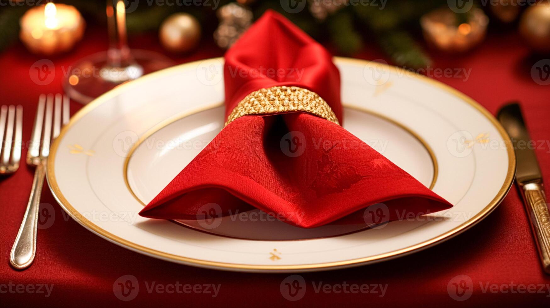 AI generated Christmas table decor, holiday tablescape and dinner table setting, formal event decoration for New Year, family celebration, English country and home styling photo