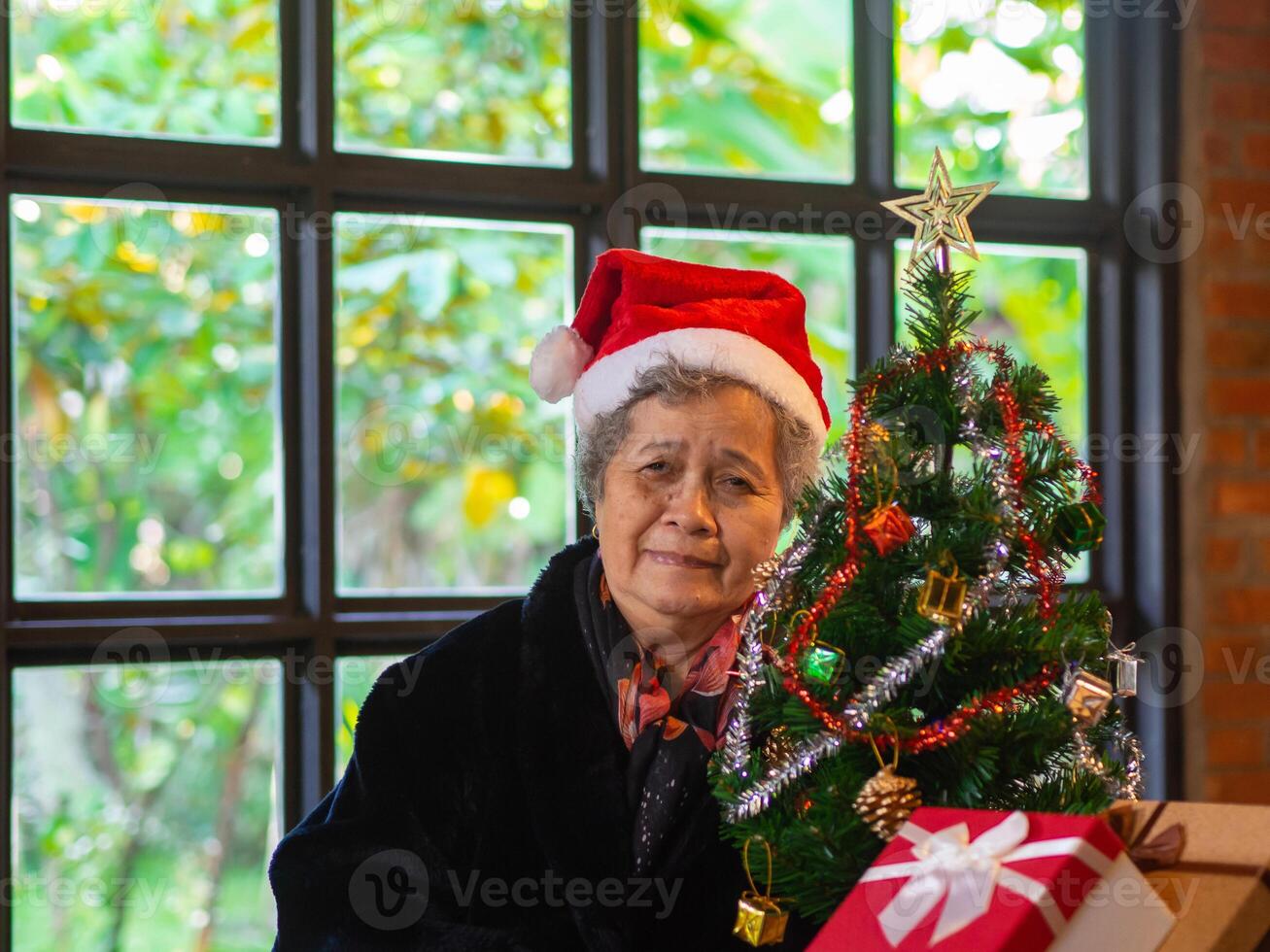 Senior woman smiling and looking at the camera while sitting near a Christmas tree at home. Concept of aged people and Christmas and happy new year festival photo