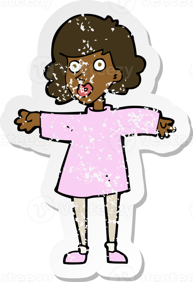 retro distressed sticker of a cartoon nervous woman png