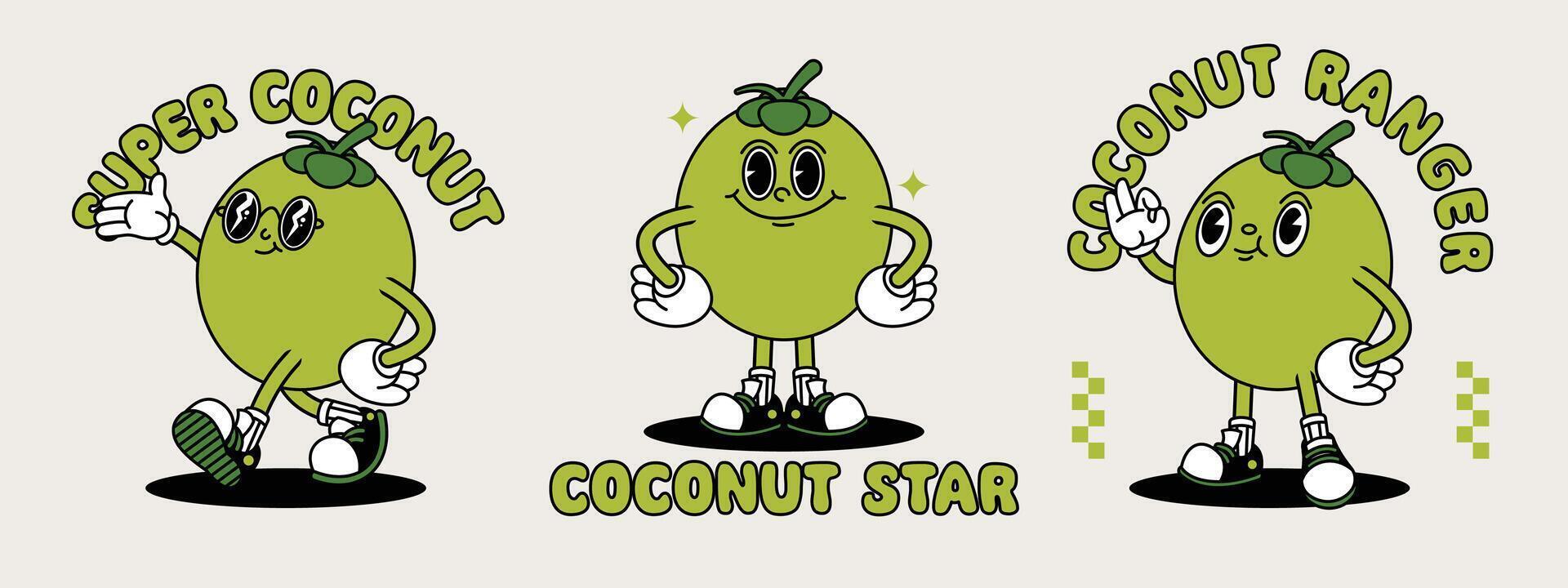 Young Coconut retro mascot with hand and foot. Fruit Retro cartoon stickers with funny comic characters and gloved hands. vector