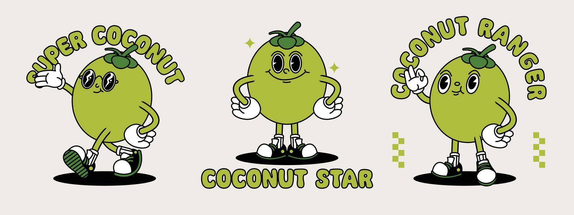 joven Coco retro mascota con mano y pie. Fruta retro dibujos animados pegatinas con gracioso cómic caracteres y enguantado manos. vector