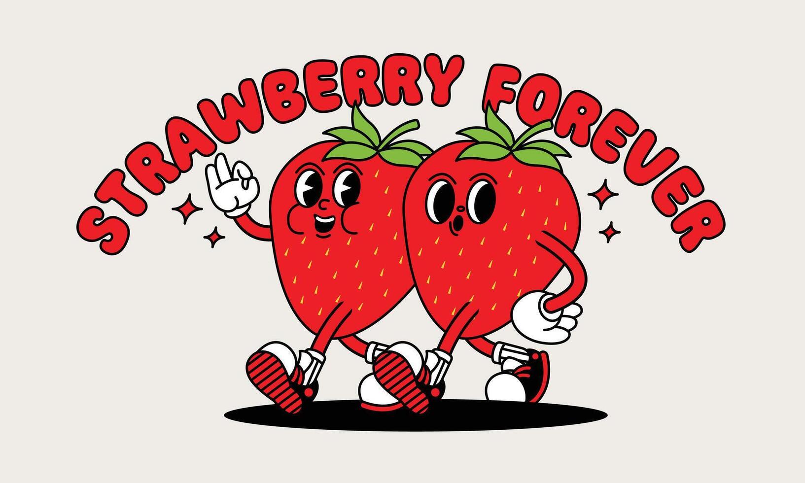 Strawberry retro mascot with hand and foot. Fruit Retro cartoon stickers with funny comic characters and gloved hands. vector