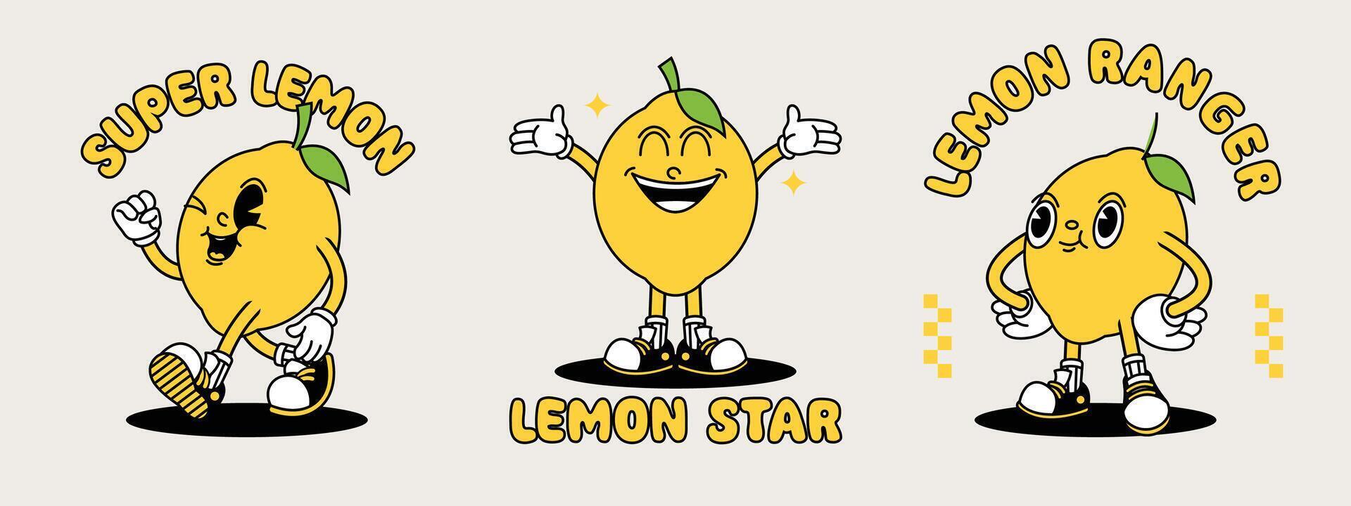 Lemon retro mascot with hand and foot. Fruit Retro cartoon stickers with funny comic characters and gloved hands. vector