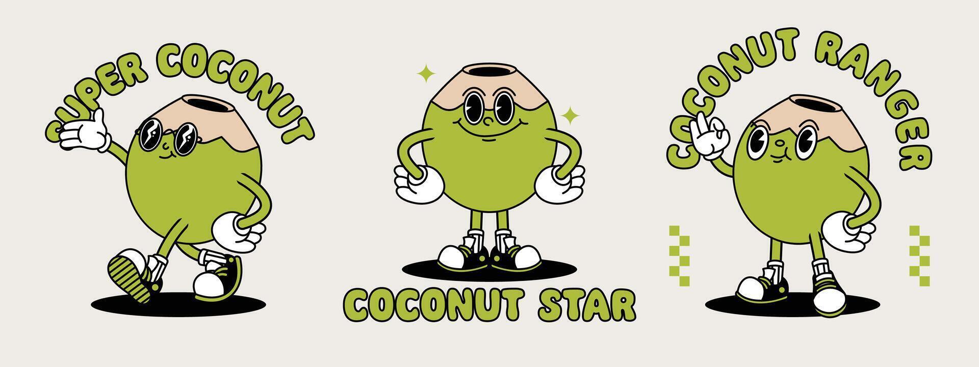 joven Coco retro mascota con mano y pie. Fruta retro dibujos animados pegatinas con gracioso cómic caracteres y enguantado manos. vector