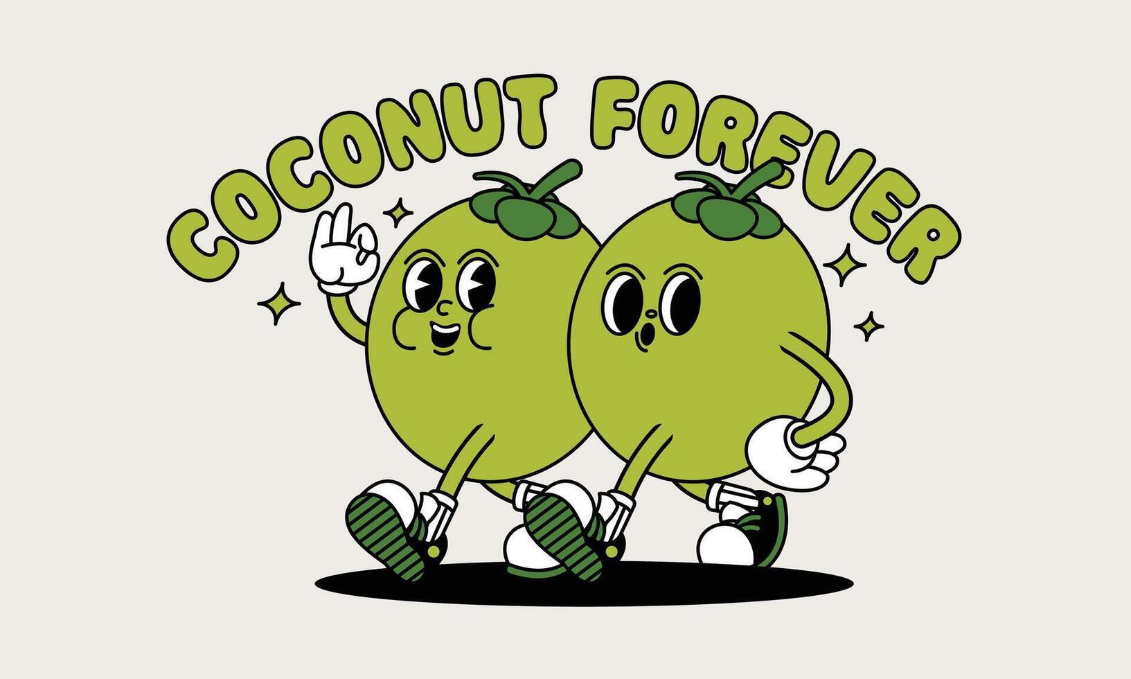 Young Coconut retro mascot with hand and foot. Fruit Retro cartoon stickers with funny comic characters and gloved hands. vector