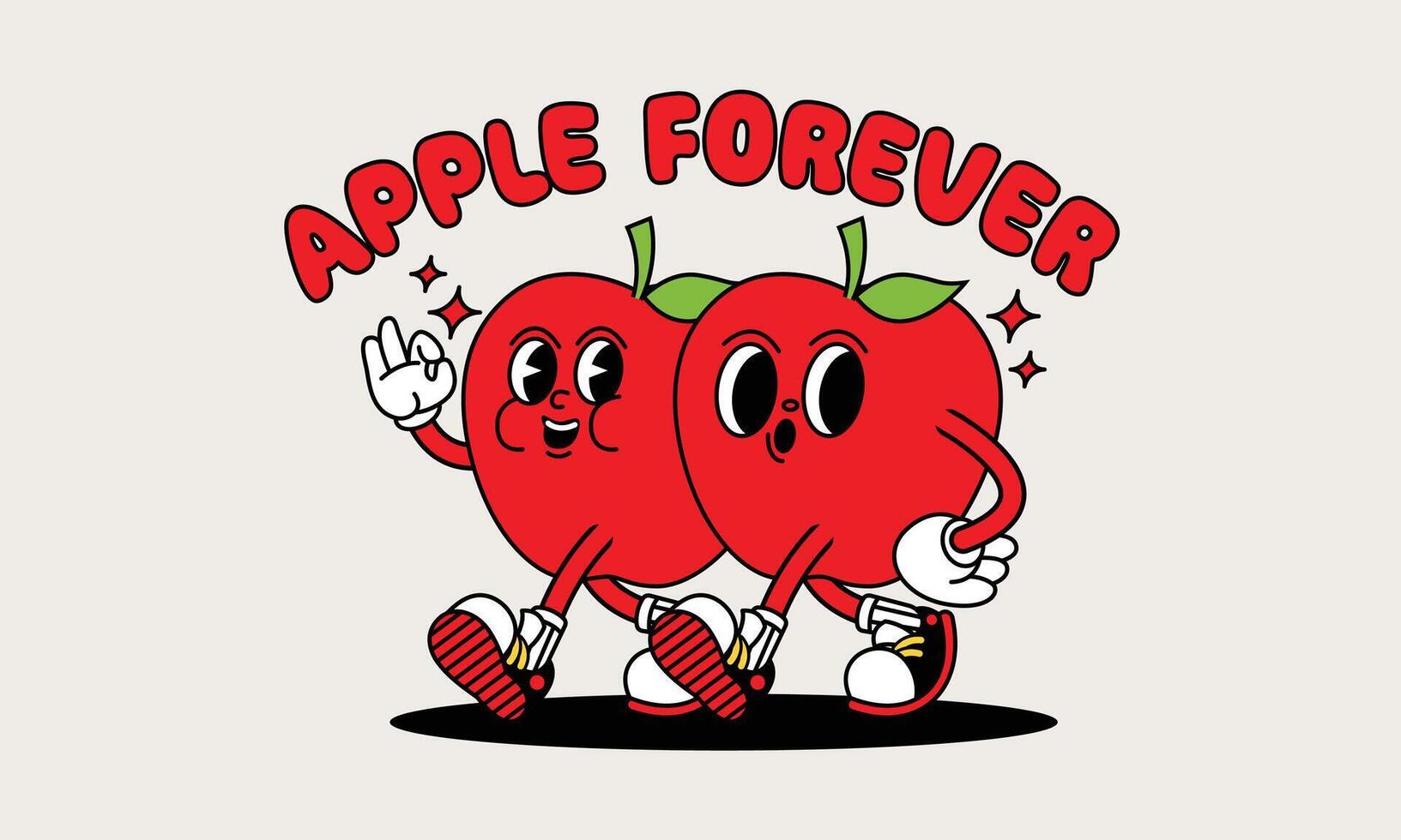 Apple retro mascot with hand and foot. Fruit Retro cartoon stickers with funny comic characters and gloved hands. vector