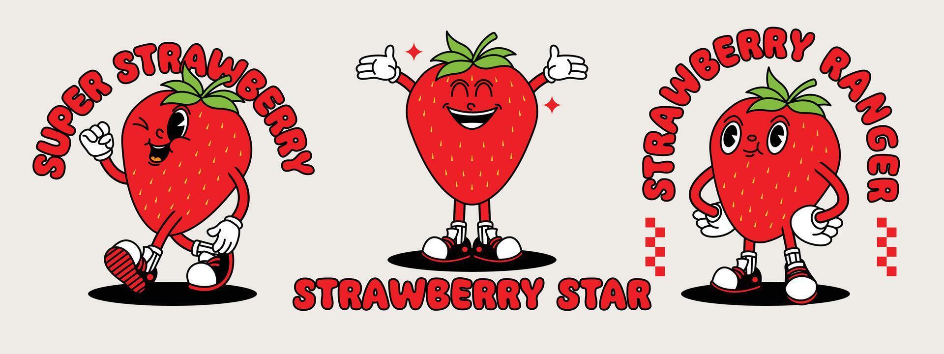 Strawberry retro mascot with hand and foot. Fruit Retro cartoon stickers with funny comic characters and gloved hands. vector