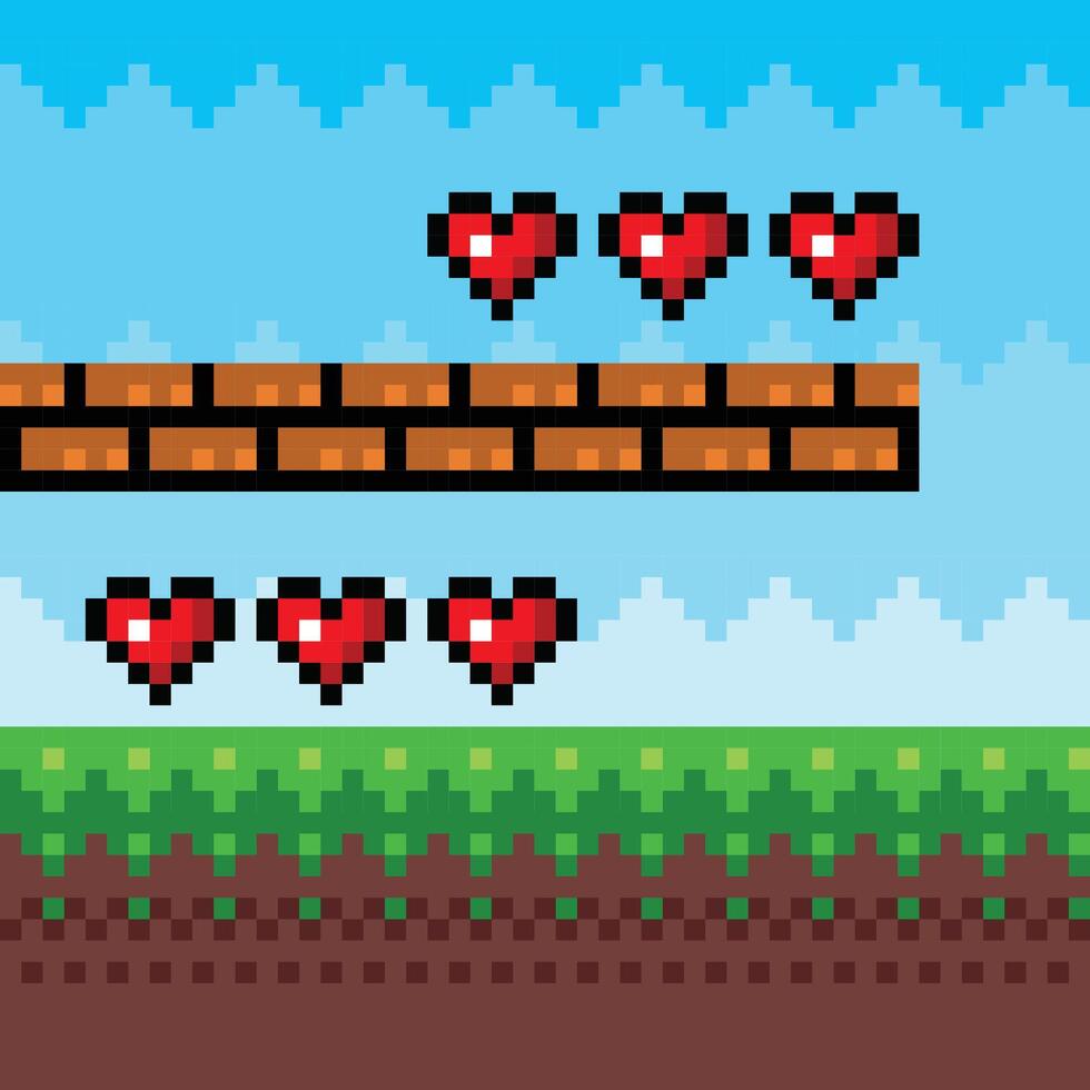 Pixel art game scene with ground, grass, trees, sky, clouds, character, coins, treasure chests and 8-bit heart vector