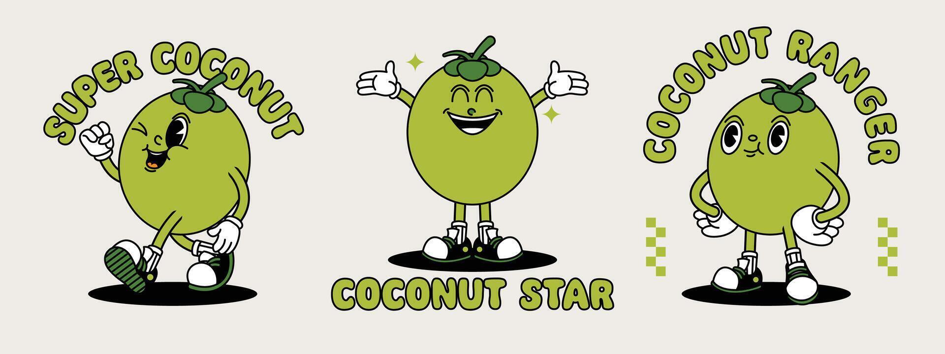joven Coco retro mascota con mano y pie. Fruta retro dibujos animados pegatinas con gracioso cómic caracteres y enguantado manos. vector