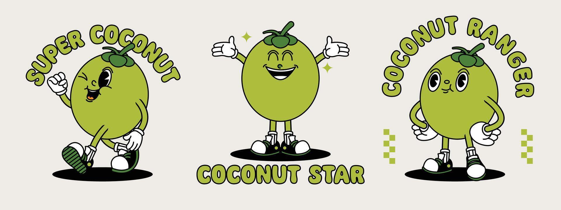 Young Coconut retro mascot with hand and foot. Fruit Retro cartoon stickers with funny comic characters and gloved hands. vector