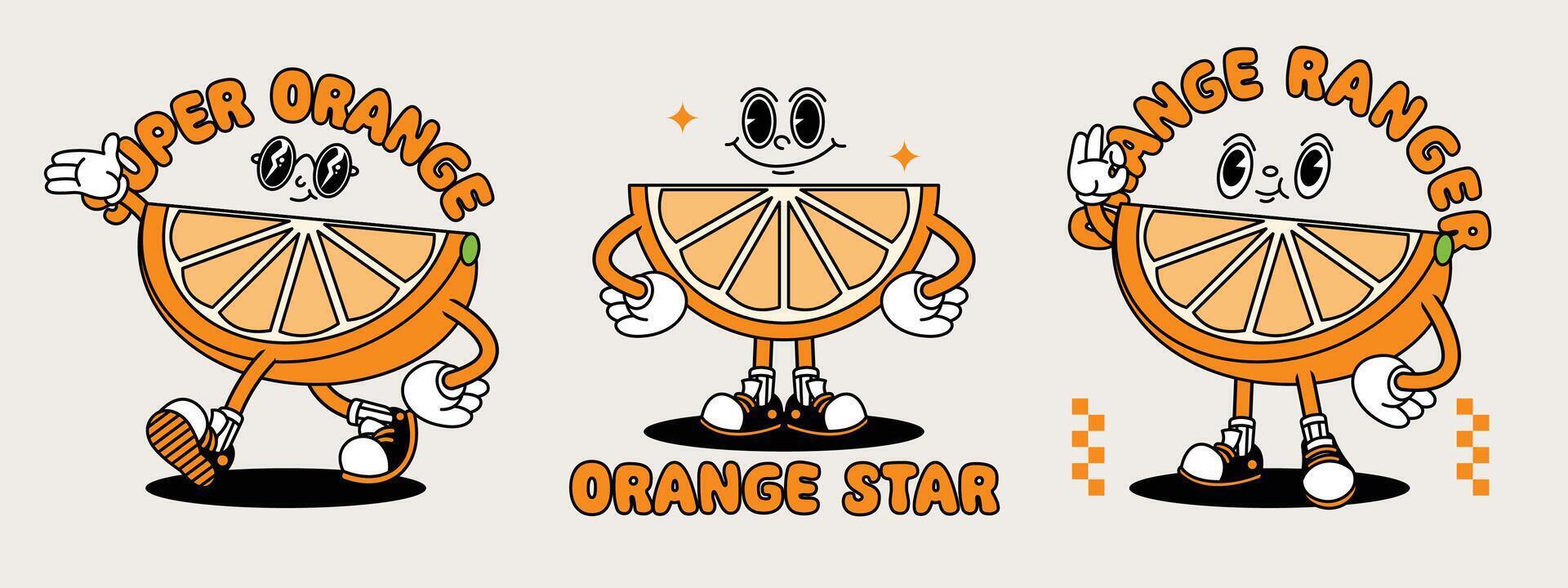 naranja retro mascota con mano y pie. Fruta retro dibujos animados pegatinas con gracioso cómic caracteres y enguantado manos. vector