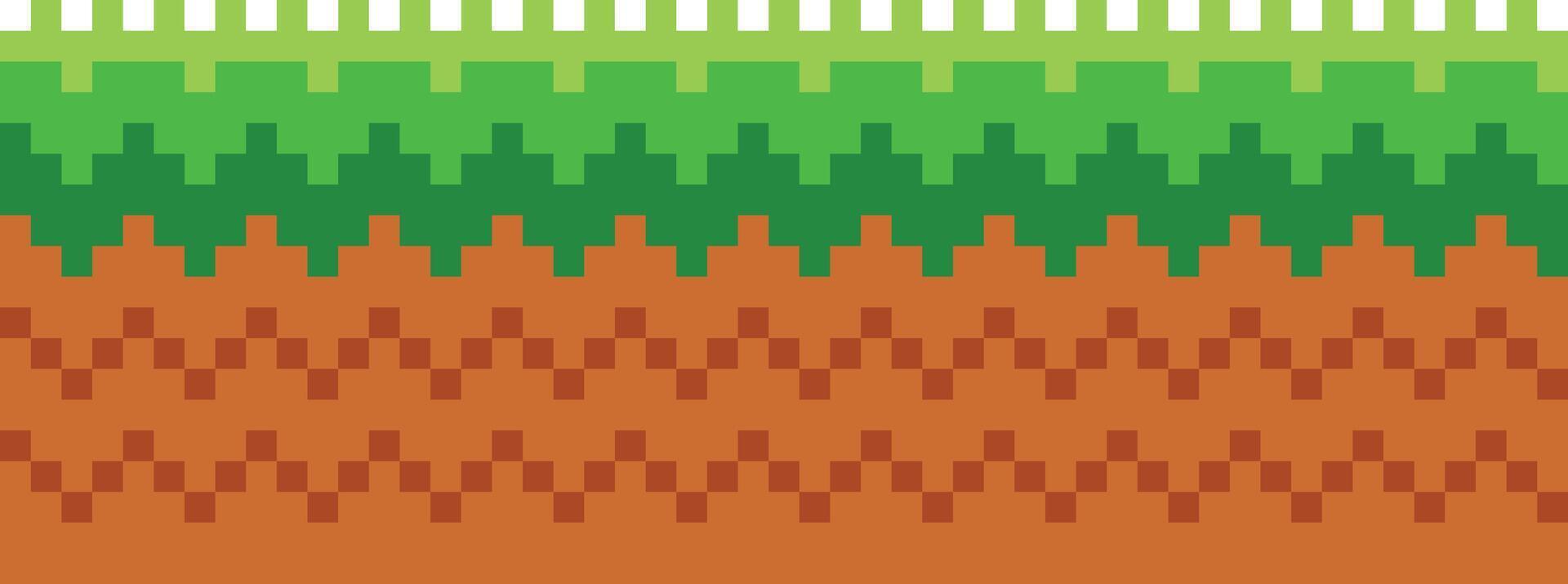 Pixel art game scene with ground, grass, trees, sky, clouds, character, coins, treasure chests and 8-bit heart vector