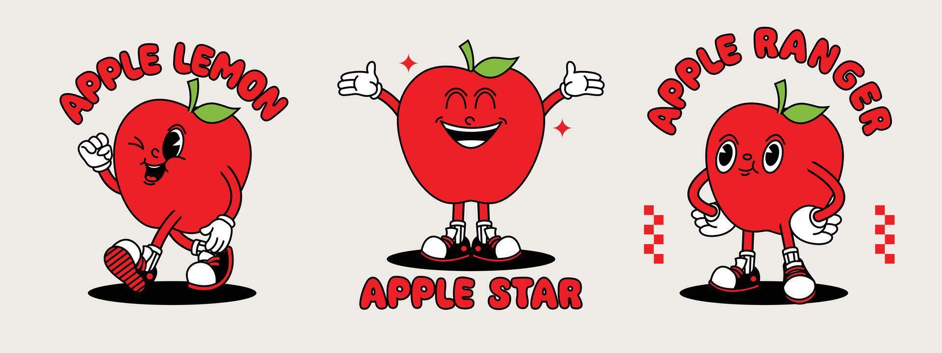 Apple retro mascot with hand and foot. Fruit Retro cartoon stickers with funny comic characters and gloved hands. vector