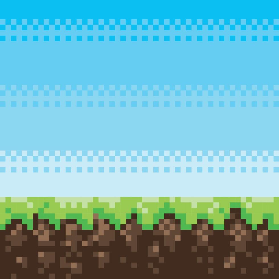 Pixel art game scene with ground, grass, trees, sky, clouds, character, coins, treasure chests and 8-bit heart vector