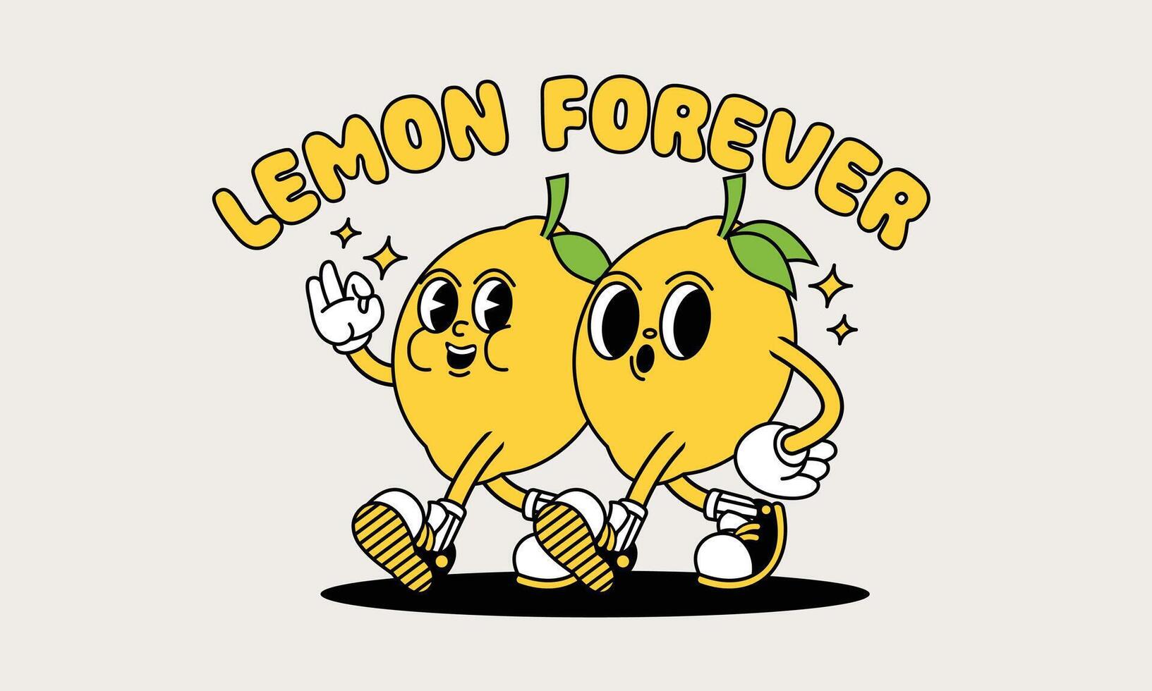 limón retro mascota con mano y pie. Fruta retro dibujos animados pegatinas con gracioso cómic caracteres y enguantado manos. vector