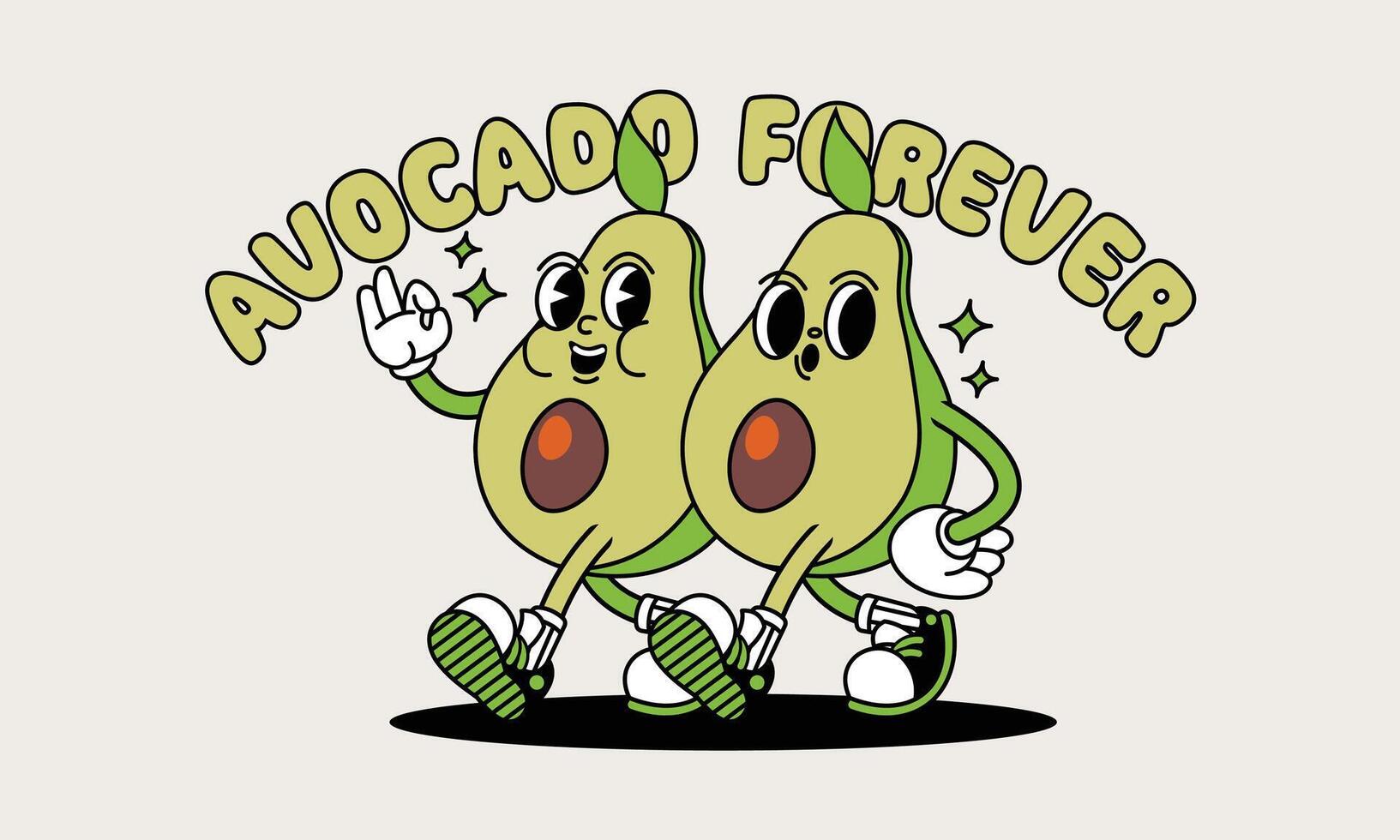 Avocado retro mascot with hand and foot. Fruit Retro cartoon stickers with funny comic characters and gloved hands. vector