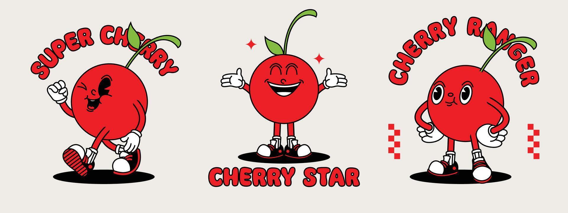 Cherry retro mascot with hand and foot. Fruit Retro cartoon stickers with funny comic characters and gloved hands. vector