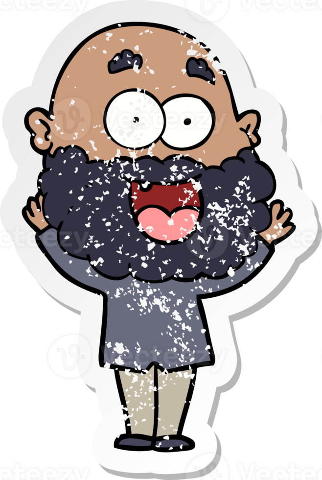 distressed sticker of a cartoon crazy happy man with beard png