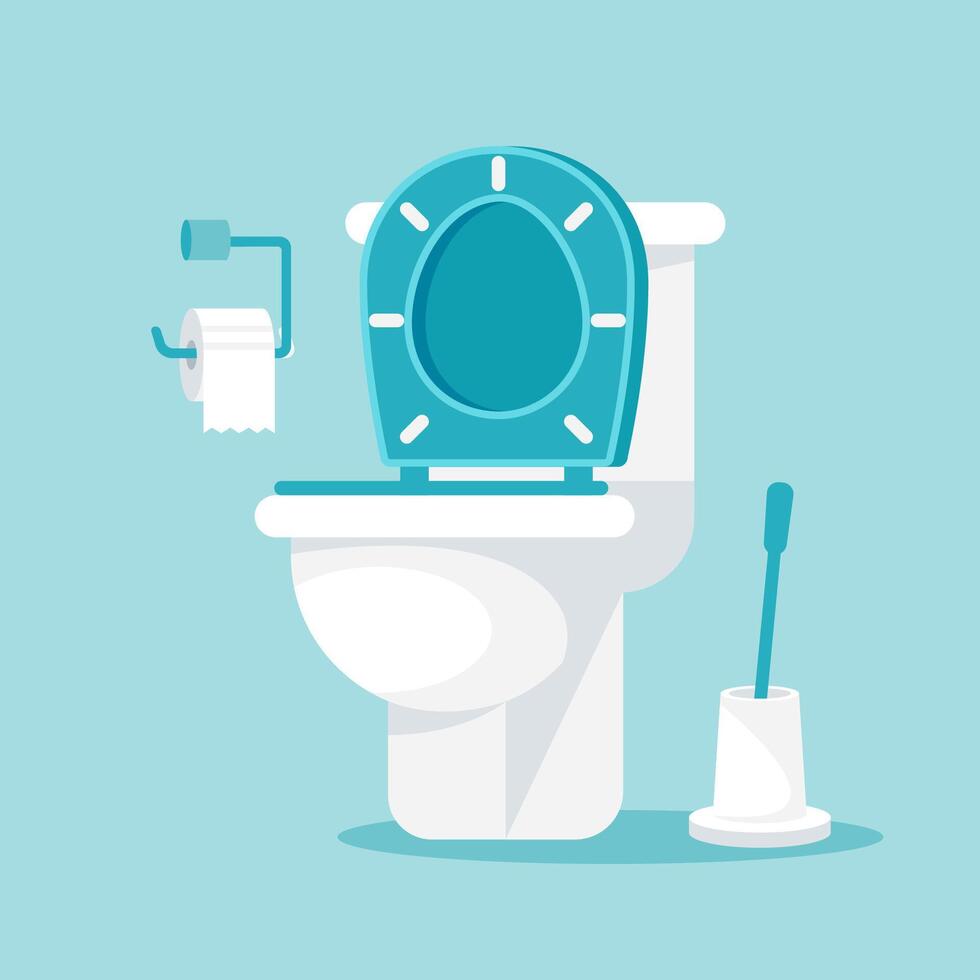 Toilet with toilet paper, brush. Vector illustration