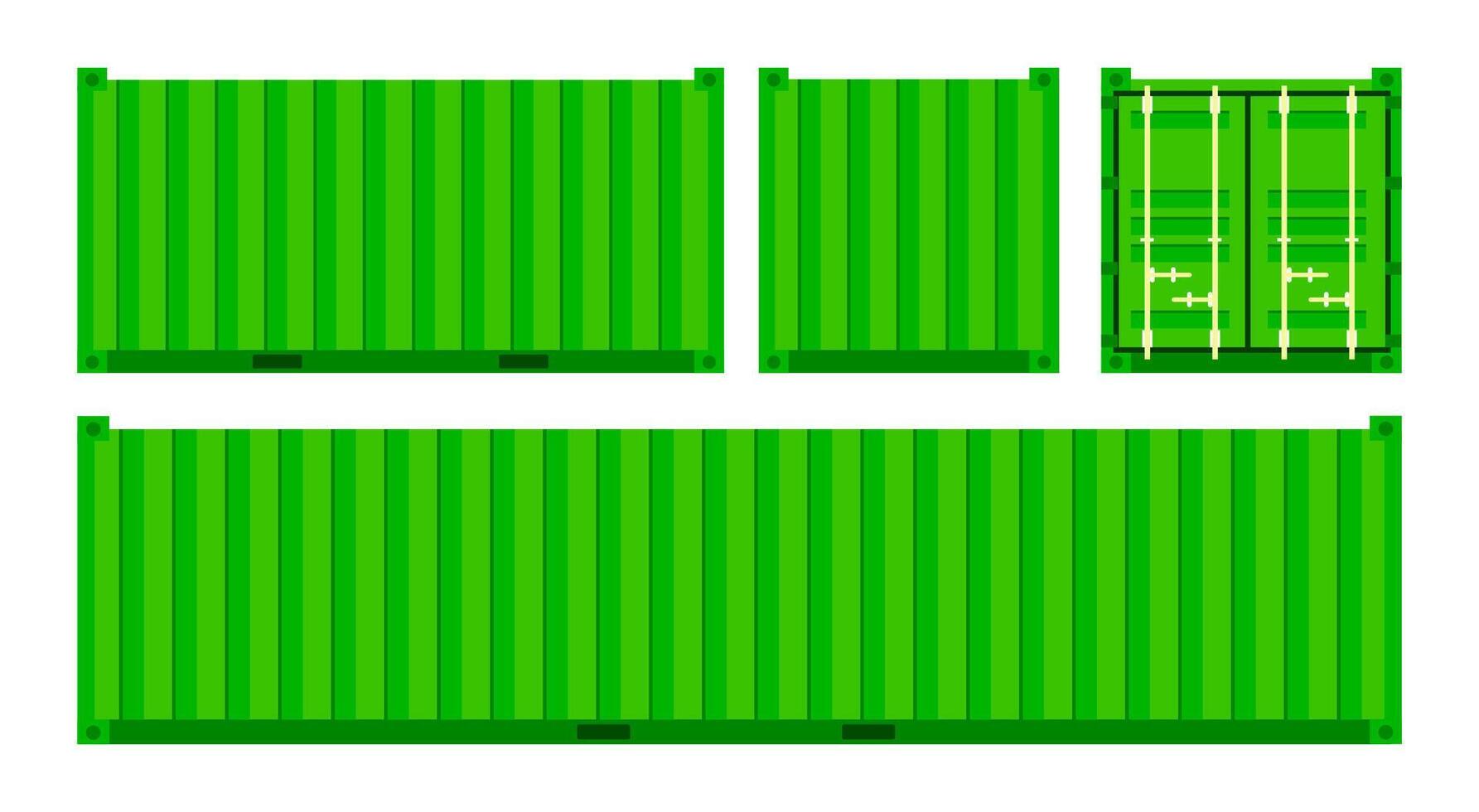 Set green cargo containers. Freight Shipping, delivery and transportation. Vector illustration
