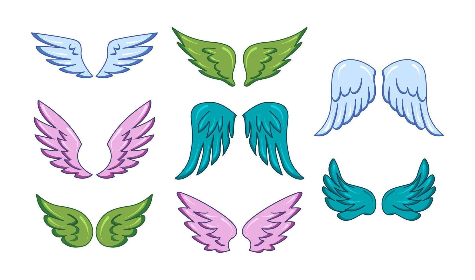 Colorful angel wings in various styles and hues, isolated on white vector