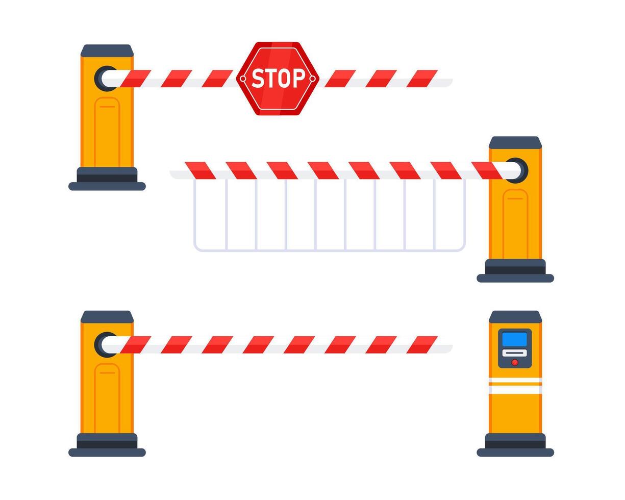 Closed car barriers with stop sign. Automatic parking gate barrier. Vector illustration