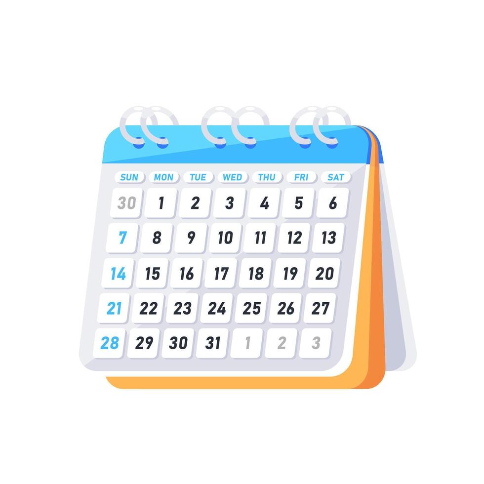 Blank calendar isolated on white background. Important, reminder day. Mark the date. Vector illustration